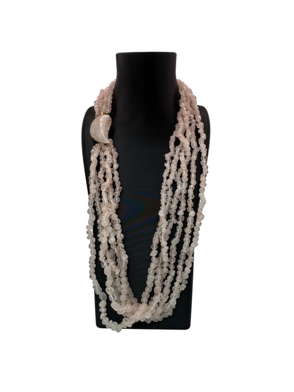 Vtg Multi-Strand Rose Quartz Beaded Necklace Carved Leaf Clasp 10K Gold Filled